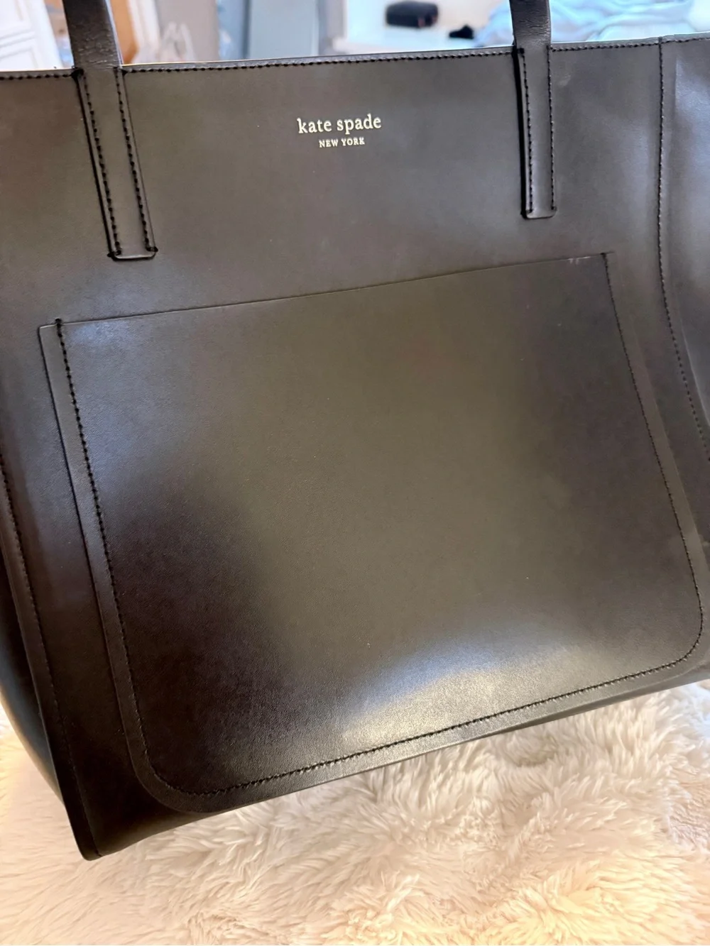 kate spade Black Leather Tote with Front Pocket and Tag